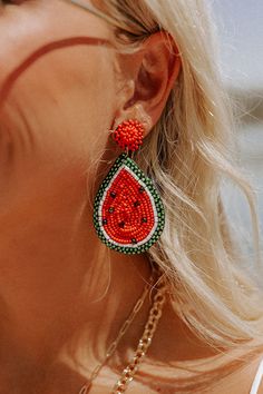 Add a sweet finish to your look with our darling 'Watermelon Margs' earrings featuring beaded red circle studs and a dangling beaded watermelon print teardrop pendant! Green Teardrop Jewelry For Summer, Red Dangle Jewelry With Fruit Design, Red Fruit Design Dangle Jewelry, Summer Beach Jewelry With Fruit Design, Multicolor Dangle Teardrop Earrings For Summer, Beaded Teardrop Earrings For Summer, Summer Beaded Teardrop Earrings, Summer Beaded Dangling Earrings, Trendy Beaded Teardrop Jewelry