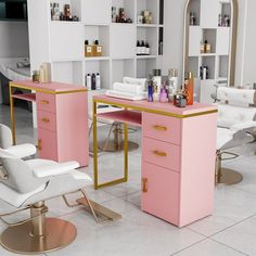 a salon with pink and gold furniture in the center, white chairs on the other side