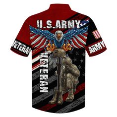 Introducing the Wingspan Eagle US Army Veteran Red Hawaiian Shirt, a vibrant and patriotic garment that embodies the spirit of Red Americana T-shirt With American Flag, Patriotic Multicolor Tops For Independence Day, Casual Tops With American Flag For Veterans Day, Multicolor Short Sleeve Shirt For 4th Of July, Casual American Flag Tops For Veterans Day, Patriotic Red Top With American Flag, Patriotic Red T-shirt With American Flag Print, Red Patriotic T-shirt With American Flag Print, Red Patriotic American Flag Top