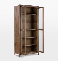 a wooden bookcase with glass doors on the front and bottom shelves, in an open position