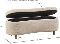 the foot stool is shown with measurements to fit it's size and features an upholstered cushion