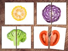 four pictures with different vegetables on them