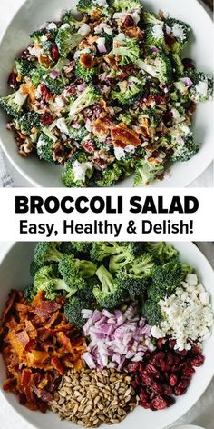 broccoli salad is shown in two different bowls