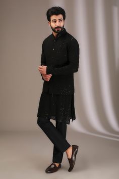 Black bundi featuring thread embroidery highlighted with sequin detailing and front pockets. - Aza Fashions Black Chikankari Embroidery Sets For Reception, Black Sets With Chikankari Embroidery For Reception, Black Bandhgala With Chikankari Embroidery For Party, Traditional Black Nehru Jacket With Mirror Work, Designer Black Nehru Jacket With Chikankari Embroidery, Black Kurta, Nehru Jackets, Kurta With Pants, Thread Embroidery