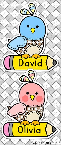 two stickers with birds on them and the words david and olvia written in yellow