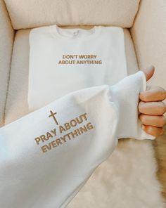 Pray About Everything Embroidered Christian Crewneck | Faith Based Merch | Minimalist Christian Apparel  💕Message me with any questions !  feel free to make your requests :)  This would make a great gift for you Christian Friends and Family  💕Be Inspired and wear your faith boldly 🤩 💕PRINTING  Embroidery provides a textured, raised look with durable stitching. With embroidery, garments get a premium and high-end feel due to the textured design. Additionally, it provides durability that does Christen Clothing, Christian Boutique Ideas, Church Merch Ideas, Bible Merch, Faith Based Apparel, Christian Fits, Bible Verse Embroidery, Christian Embroidered Sweatshirt, Embroidered Crewneck Christian