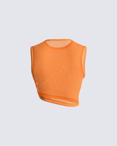 Nothing better than a colorful basic that can complete any look 🧡 Made from an orange mesh fabric - this asymmetrical crewneck tank is the pop of color we all need in our closet 👏🏼 Leave little to the imagination -- top is sheer & undergarments are not included Spring Asymmetrical Sheer Top, Sheer Asymmetrical Spring Tops, Sheer Asymmetrical Top For Spring, Mesh Back Crop Top For Summer, Spring Sheer Mesh Tank Top, Sheer Mesh Tank Top For Spring, Sheer Mesh Tank Top For Summer, Trendy Sheer Sleeveless Top, Casual Sheer Mesh Tank Top