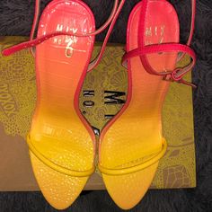 Never Worn Heels. The Heel Is Narrow . Bold Yellow Open Toe Heels, Yellow Pointed Toe Sandals With Padded Heel, Yellow Sandals With Padded Heel And Pointed Toe, Yellow Heels With Ankle Strap And Heel Strap, Yellow Heels With Ankle Strap, Yellow Pointed Toe Sandals With Wrapped Heel, Yellow Heels With Padded Block Heel, Yellow Block Heels With Padded Heel, Trendy Yellow Heels With Heel Strap