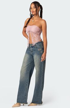 Sheer lace at the split front and back adds a sultry edge to this strapless crop top. Strapless Partially lined 95% polyester, 5% spandex Machine wash, dry flat Imported Top Strapless, Strapless Crop Top, Front Crop Top, Washed Jeans, Sheer Lace, Front Design, Lace Fabric, S Models, Model Height