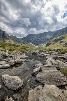 a stream running through a lush green valley surrounded by rocks and grass with mountains in the background