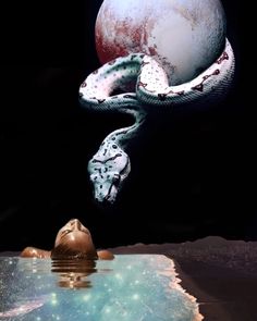 a person floating in the water with a ball and snake on their back, as if it were an alien