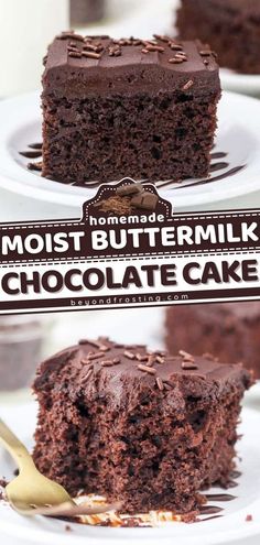 a chocolate cake on a plate with a spoon in it and the words moist buttermilk above it