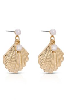 A pair of pearls lends elegant luster to these gleaming shell drop earrings that'll help you channel your inner mermaid. 1 1/4" drop Post back 18k-gold plate/freshwater pearl Imported Pearl Shell Drop Earrings With Pearl Drop Detail, Shell-shaped Pearl Earrings With Pearl Charm, Gold Pearl Shell-shaped Earrings, Gold Pearl Drop Earrings In Shell Shape, Elegant Gold Shell Pearl Earrings, Pearl Shell Earrings With Pearl Charm, Gold Shell With Pearl Drop, Elegant Gold Shell Earrings, Gold Shell-shaped Pearl Earrings