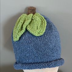 a knitted hat with a green leaf on the front and blue brimmed top