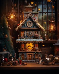 a christmas scene with a clock and decorations