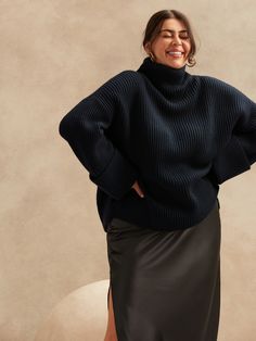 Petite Oversized Merino-Cashmere Sweater | Banana Republic Mesh Sweater, Grey Turtleneck, Poncho Style, Take Note, Banana Republic Women, High Waist Fashion, Knit Sleeve, Banana Republic Sweater, Hem Style