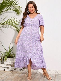 Plus size summer dresses is made by a skin-touch,soft polyester fabric,not see through.
Design with ruffle irregular hem,short sleeve,v neck,button decoration and maxi length.Swing and sweet.
Suitable for the daily wear, beach holiday,dating,or any other occasions.
Available in 1X/2X/3X/4X/5X.Please check the size chart in details before purchasing.Women's Plus Size High Low Floral Summer Maxi Dress Bell Sleeve V Neck Ruffle Hem Purple Floral Casual  Short Sleeve Woven Fabric Floral,Plants,Ditsy Flowy V-neck Maxi Dress With Buttons, Beach Maxi Dress With Ruffle Hem And Short Sleeves, Beach Maxi Dress With Short Sleeves And Ruffle Hem, Short Sleeve Maxi Dress With Buttons For Summer, Summer Maxi Dress With Buttons And Short Sleeves, Summer Maxi Dress With Short Sleeves And Buttons, Summer Maxi Dress With Ruffle Hem And Short Sleeves, Flowy Short Sleeve Maxi Dress With Buttons, Flowy Maxi Dress With Buttons And Short Sleeves