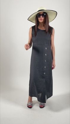 Sleeveless Maxi Dress For Casual Wear, Sleeveless Maxi Dress For Dress Down, Sleeveless Maxi Dress For Dress Down Occasions, Sleeveless Maxi Dress With Buttons, Fitted Sleeveless Maxi Dress With Buttons, Casual Fitted Sleeveless Linen Dress, Fitted Sleeveless Linen Dress Casual, Fitted Sleeveless Linen Maxi Dress, Sleeveless Linen Maxi Dress