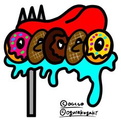 a drawing of donuts on a stick with icing and sprinkles