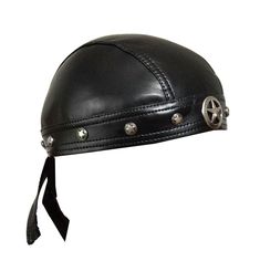 a black leather helmet with metal rivets on the side and a ribbon around the brim