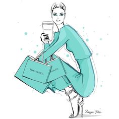 a drawing of a woman holding shopping bags and looking at her cell phone while wearing high heels