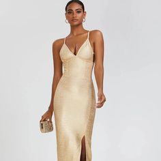 Discover the ultimate in elegance with the Trend4us Glamorous Gold Backless Maxi Dress. This stunning dress features a sleek backless design and luxurious gold color, perfect for any special occasion. Made with quality craftsmanship, this dress is sure to make a lasting impression with its timeless style and impeccable fit. Add this dress to your wardrobe for a touch of glamour and sophistication. Size chart: Specification: Pattern Type: Solid Style: Sexy & Club Feature: Anti-wrinkle, Breathable, Sustainable Waistline: Natural Neckline: V-Neck Dresses Length: Maxi Standard Silhouette: Bodycon Sleeve: Sleeveless Decoration: None Weaving Method: Woven Material: Polyester Fabric Type: Bandage Place of Origin: China Printing Methods: None Season: Summer Model Number: SB2616 Fashion Element: Sl Glamorous Gold Maxi Dress, Glamorous Floor-length Backless Dress For Gala, Glamorous Backless Evening Dress For Gala, Glamorous Formal Backless Maxi Dress, Gold Sleeveless Maxi Dress For Gala, Gold Satin Dress With Fitted Bodice, Elegant Backless Dress For Gala Evening, Elegant Backless Maxi Dress For Gala, Glamorous Gold Prom Dress