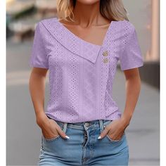 Season:Summer; Fabric:Polyester; Sleeve Length:Short Sleeve; Gender:Women's; Style:Stylish,Elegant; Tops Type:Eyelet top,Dressy Tops; Occasion:Daily; Pattern:Plain,Solid Color; Design:Buttons,Eyelet; Neckline:Asymmetrical; Front page:FF; Listing Date:07/02/2024; Bust:null; Length:null; Fit US Size:null; Fit UK Size:null; Fit EU Size:null Blouse Summer, Stylish Aesthetic, Eyelet Top, Blouse Material, Summer Blouses, Grass Green, Dressy Tops, Solid Clothes, Women Shirts Blouse