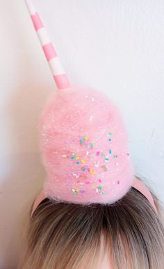 Fake Cotton Candy Headband on a cone is sure to be a hit!!  Choose your Cotton Candy Color & Cone Color  🍬Upside down Cotton Candy Poof will come with a striped Cone as shown and set on an angle. 🍬Choose with or without Sprinkles and Glitter! 🍬The entire height of the poof up to the very top of the cone is approximately 7 inches. The cotton candy portion is approximately 4.5 inches high. 🍬The Headband has a faux leather covering. There are grips inside the headband for a good secure fit. Everything is made with Care and Quality. Please message me with any questions!! 💖 Cotton Candy Halloween Costume, Fake Cotton Candy, Candy Headband, Candy Halloween Costumes, Cotton Candy Costume, Cotton Candy Hair, Candy Costumes, Crazy Hat Day, Candy Hair