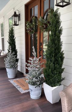 three potted evergreen trees on the front porch