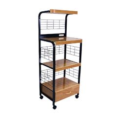 a three tiered shelf with drawers on each side and two baskets on the bottom