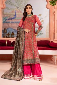 Socking Pink Shade Embroidered Pakistani Party Wear Sharara Frock Frock Models, Pakistani Party Wear, Elegant Attire, Pakistani Dress, Pink Shade, Pakistani Wedding, Embroidery Work, Wedding Party Dresses, Pink Fabric