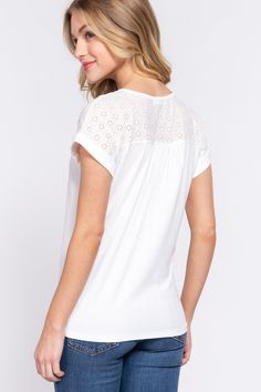 Short dolman sleeve Lace Back Yoke Dolman Top. This short-sleeved, stretchy pick is the perfect casual option for any day, making sure you stay comfortable while looking chic! Details: SHORT DOLMAN SLEEVE ROUND NECK WITH BACK LACE YOKE FABRIC: VARIEGATED RIB 89% POLYESTER 11% SPANDEX White Cap Sleeve Top For Spring, White Short Sleeve Top, Relaxed Fit For Day Out, White Relaxed Fit Short Sleeve Top For Day Out, Spring Short Sleeve Top For Day Out, White Cotton T-shirt With Flutter Sleeves, Everyday Tops With Rolled Short Sleeves, Casual Flutter Sleeve Top For Summer, Casual Cap Sleeve Top For Spring, Casual Summer Short Sleeve Top With Flutter Sleeves