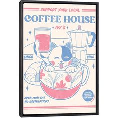 coffee house poster with a cat in a bowl and two cups on the front cover