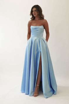 Miya Corset A-Line Satin Gown | Blue – Oh Hello Clothing Light Blue Strapless Prom Dress, Ball Dresses Australia, Ty Ball Dresses, Blue Grad Dresses, Flowy Prom Dresses, Hoco Inspo, Top Prom Dresses, Gown Blue, Deb Dresses