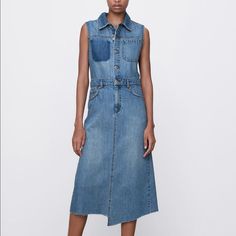 Sleeveless Dress With Lapel Collar. Front Pockets And Back Patch Pockets. Washed Effect. Unfinished Asymmetric Hem. Front Hidden Zip Closure With Metal Buttoned Flap. Sleeveless Denim Midi Dress With Pockets, Zara Sleeveless Medium Wash Denim Dress, Zara Sleeveless Denim Dress In Medium Wash, Casual Sleeveless Knee-length Dress By Zara, Casual Knee-length Sleeveless Dress By Zara, Zara Sleeveless Denim Blue Dress, Zara Sleeveless Denim Dress, Casual Zara Sleeveless Knee-length Dress, Zara Casual Sleeveless Knee-length Dress