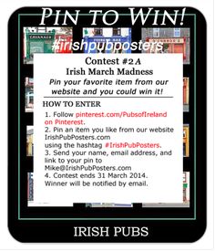 a poster with the words pin to win in irish pub's adverts