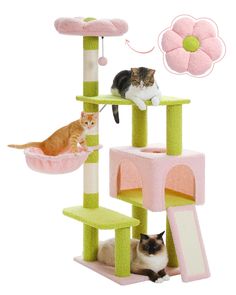 two cats sitting on top of a cat tree with a pink flower above the cat