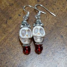 Handmade Skull Earrings. You'll Give Off Day Of The Dead And New Orleans Vibes With These Awesome Beauties White Gothic Handmade Earrings, Handmade White Gothic Earrings, Handmade Gothic White Jewelry, Gothic White Dangle Jewelry, White Gothic Dangle Jewelry, White Gothic Skull Jewelry, Halloween Skull Jewelry In White, White Skull Jewelry For Halloween, White Skull-shaped Halloween Jewelry