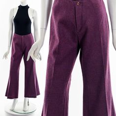 "- 60s/70s dark purple wool trousers - button and zipper front closure - high waist - bell bottoms Fits like:  M Material:  Wool Blend Condition:  Great Clipped on Mannequin:  No ✂ SIZE + FIT ✂ Length: 38\" / 97 cm Waist: 32\" / 81 cm Hips: 38\" / 97 cm Inseam: 29\" / 74 cm Rise: 20\" / 51 cm All measurements are taken with garment lying flat. ALWAYS refer to measurements as vintage sizes can vary greatly from today's modern sizes. We recommend comparing measurements above with a similar style garment you own for best fit before purchasing.  DRESS FORM / MANNEQUIN is wearing the size detailed above but she typically measures a size 4/6 by modern retail sizes or a general size small. Belt Accessories and other clothes are NOT included. ▲▲All Garments Have Been Laundered/Steamed or Dry Clean Retro Fitted Wool Bottoms, Fitted Vintage Wool Pants, Retro Wool Bottoms For Fall, Fitted Retro Purple Bottoms, Retro Fitted Purple Bottoms, Fitted Flare Pants 1970s Style, 1970s Flare Fitted Pants, Wool Gifts, Dress Form Mannequin