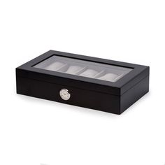 This simple yet stunning wooden watch box stores your favorite pieces in style. Gorgeous cherry wood and a quartz movement clock add luxury to any dresser or vanity. The felted interior and divided compartments keep your watches safe and beautifully displayed. Add your monogram for a personalized touch.    2 watches: 6"w x 4"d x 3.25"h  20 watches: 14"w x 8.5"d x 6.5"h  Cherry wood with soft, scratch-resistant velour lining.  Features a pressure fit quartz movement clock. To set the time, simply Wood Watch Box, Watch Safes, Wooden Watch Box, Watch Storage, Cleaning Wood, One Piece Toilets, Wooden Watch, Quartz Clock, Watch Box