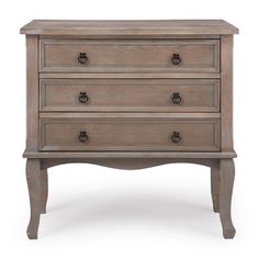 an old dresser with three drawers and two pulls on the bottom drawer, against a white background