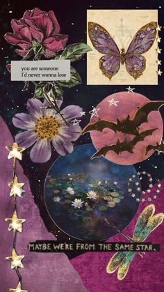 an altered collage with flowers, butterflies and stars in purple tones is featured on this page