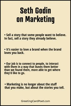 a poster with the words seth godin on marketing written in black and white