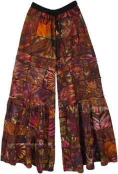 Tie Dye Splash Patchwork Festive Wide Leg Pants | Multicoloured | Split-Skirts-Pants, Patchwork, Striped, Tall, XL-Plus Brown Patchwork Wide Leg Bottoms, Cotton Patchwork Wide-leg Pants, Fall Patchwork Wide Leg Bottoms, Brown Patchwork Pants For Fall, Hippie Wide-leg Patchwork Pants, Hippie Wide Leg Patchwork Pants, Multicolor Cotton Harem Pants For Fall, Hippie Style Cotton Pants For Fall, Festival Patchwork Wide Leg Bottoms