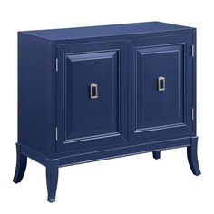 a blue cabinet with two doors and handles