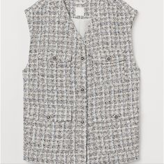 Beautiful Oversized Vest With Eight Rhinestone Buttons. Runs Large. Can Fit M/L Depends On Body Size & Shape. Please See Pictures For Brief Details. No Returns H&m Workwear Tops With Pockets, H&m Tops With Pockets For Work, H&m White Outerwear For Work, White H&m Outerwear For Work, Chic White H&m Outerwear, Chic Summer Outerwear By H&m, Loafers Trend, Oversized Vest, H&m Jackets