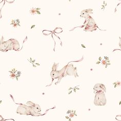 an image of rabbits and flowers on a white background with pink ribbon in the middle