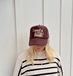 The perfect hat for the coffee lovers out there! This hat is perfect to fall to wear when you need a (coffee) break! Brown foam trucker hat with cream colored text! Brown Trucker Cap For Everyday, Brown Letter Print Hat, One Size Fits Most, Trendy Fall Hats As Gifts, Trendy Brown Hat With Letter Print, Brown Letter Print Hat, Trendy Brown Trucker Hat, Casual Brown Trucker Hat For Travel, Brown Baseball Cap As A Gift, Date Coffee