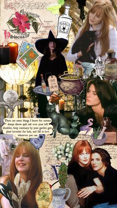 the collage has many different pictures and words on it, including two women with hats