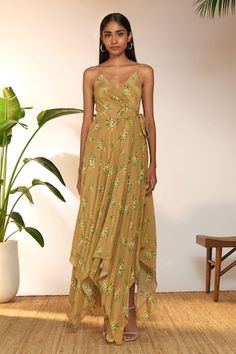 Tan handkerchief dress with wrap detailed bodice and all-over lemon prints. - Aza Fashions Lemon Prints, Handkerchief Dress, Lemon Print, Women Dresses, Aza Fashion, Silk Printing, Dresses Maxi, Bodice, Lemon